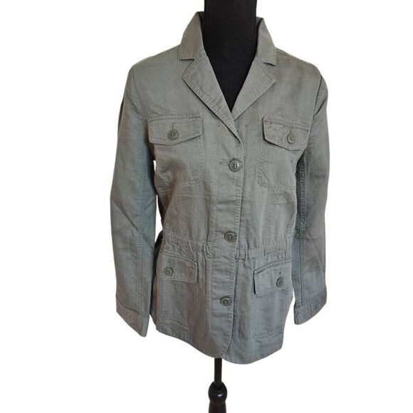 Talbots Womens Linen Blend Button Front Collared Utility Jacket Army Green Small - Picture 1 of 10